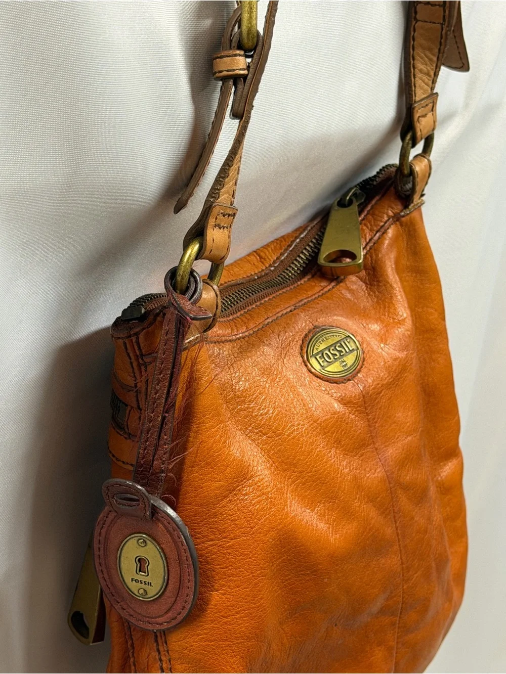 Fossil Explorer Crossbody Bag Orange Cognac Pebbled Leather Brass Vintage
